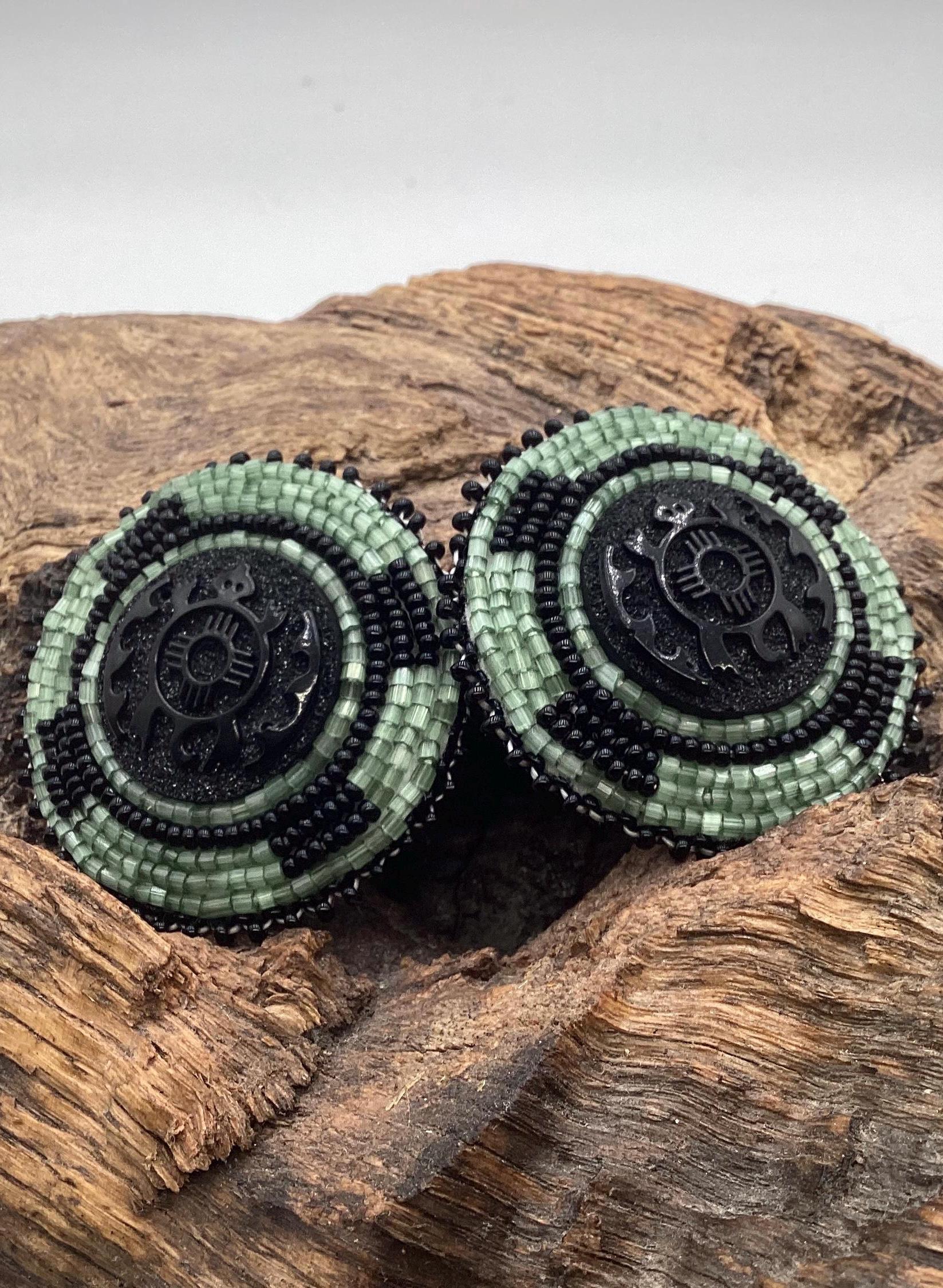 Hand Beaded Indigenous Turtle Center Earrings - Anishinaabe/Ojibwe Beadwork
