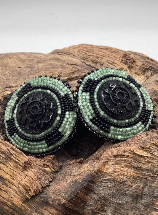 Hand Beaded Indigenous Turtle Center Earrings - Anishinaabe/Ojibwe Beadwork