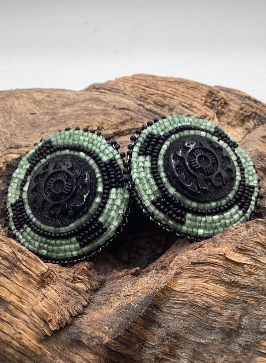 Hand Beaded Indigenous Turtle Center Earrings - Anishinaabe/Ojibwe Beadwork
