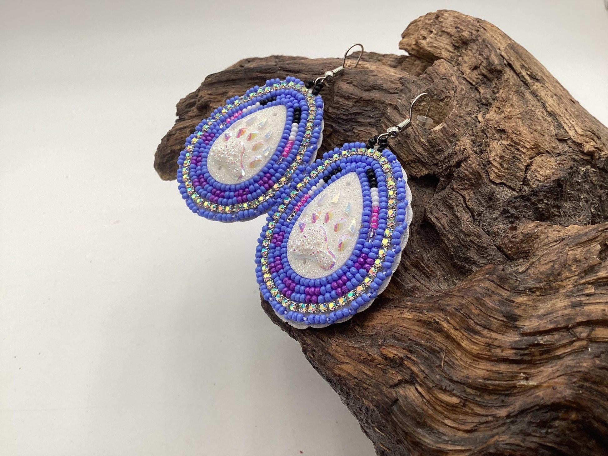 Shimmering Hand Beaded Bear Claw Teardrop Earrings