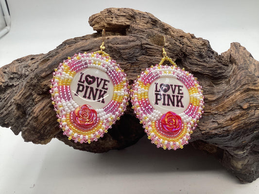 Hand Beaded Double-Centered Pink Earrings: Anishinaabe/Ojibwe Beadwork