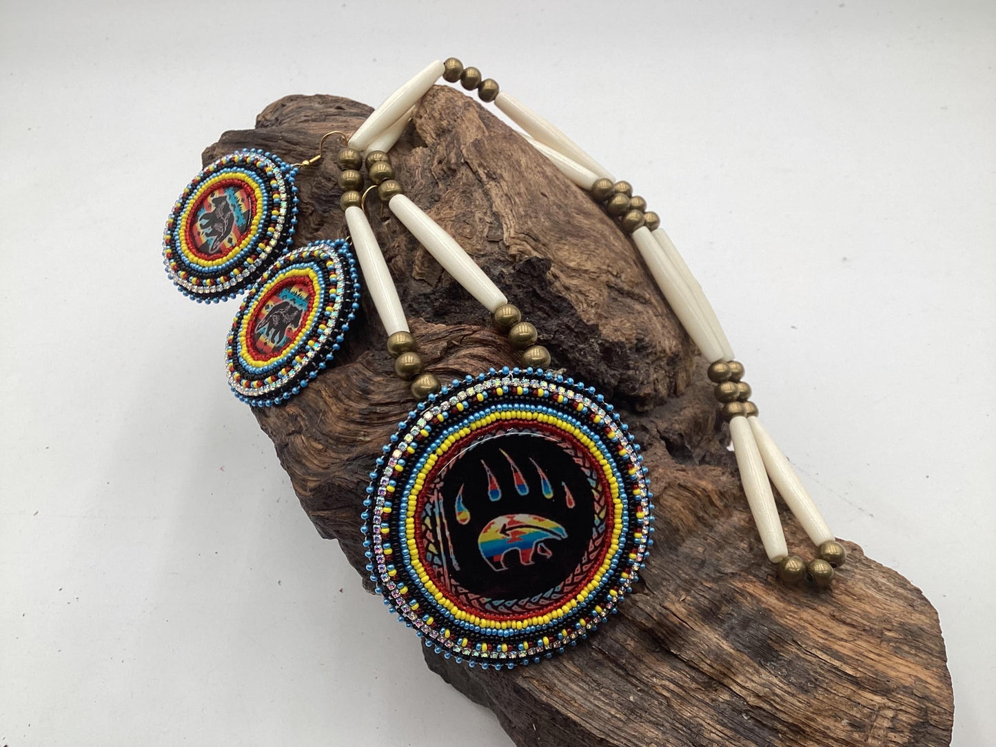 Ojibwe Indigenous Bear Pattern Beadwork Necklace and Earrings Set: Anishinaabe Artisan Jewelry