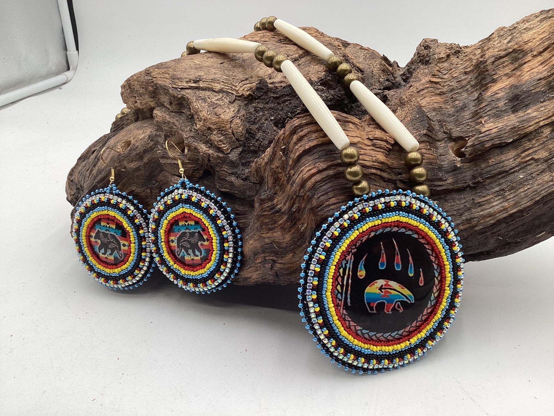 Ojibwe Indigenous Bear Pattern Beadwork Necklace and Earrings Set: Anishinaabe Artisan Jewelry