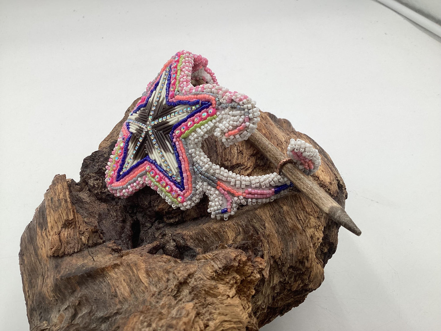 Hand Beaded and Quilled Star Hair Stick Barrette - Ojibwe/Anishinaabe Beadwork