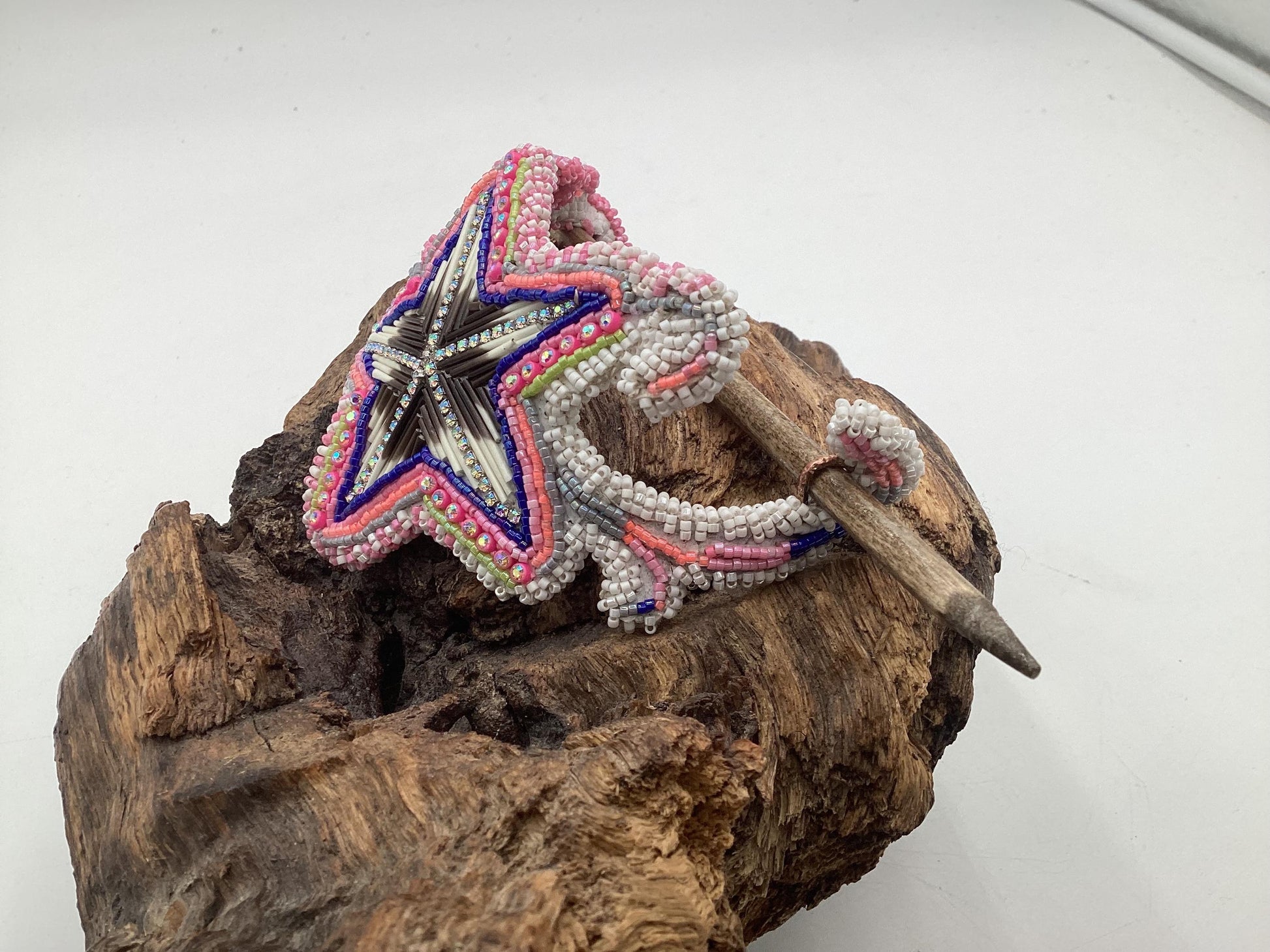 Hand Beaded and Quilled Star Hair Stick Barrette - Ojibwe/Anishinaabe Beadwork