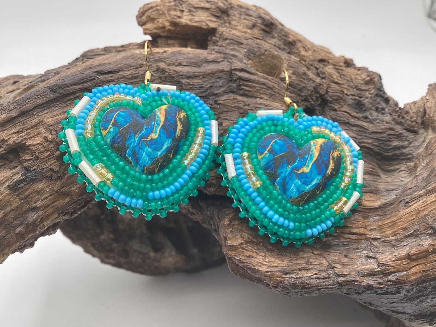 Hand Beaded Heart Earrings - Ojibwe Anishinaabe Design