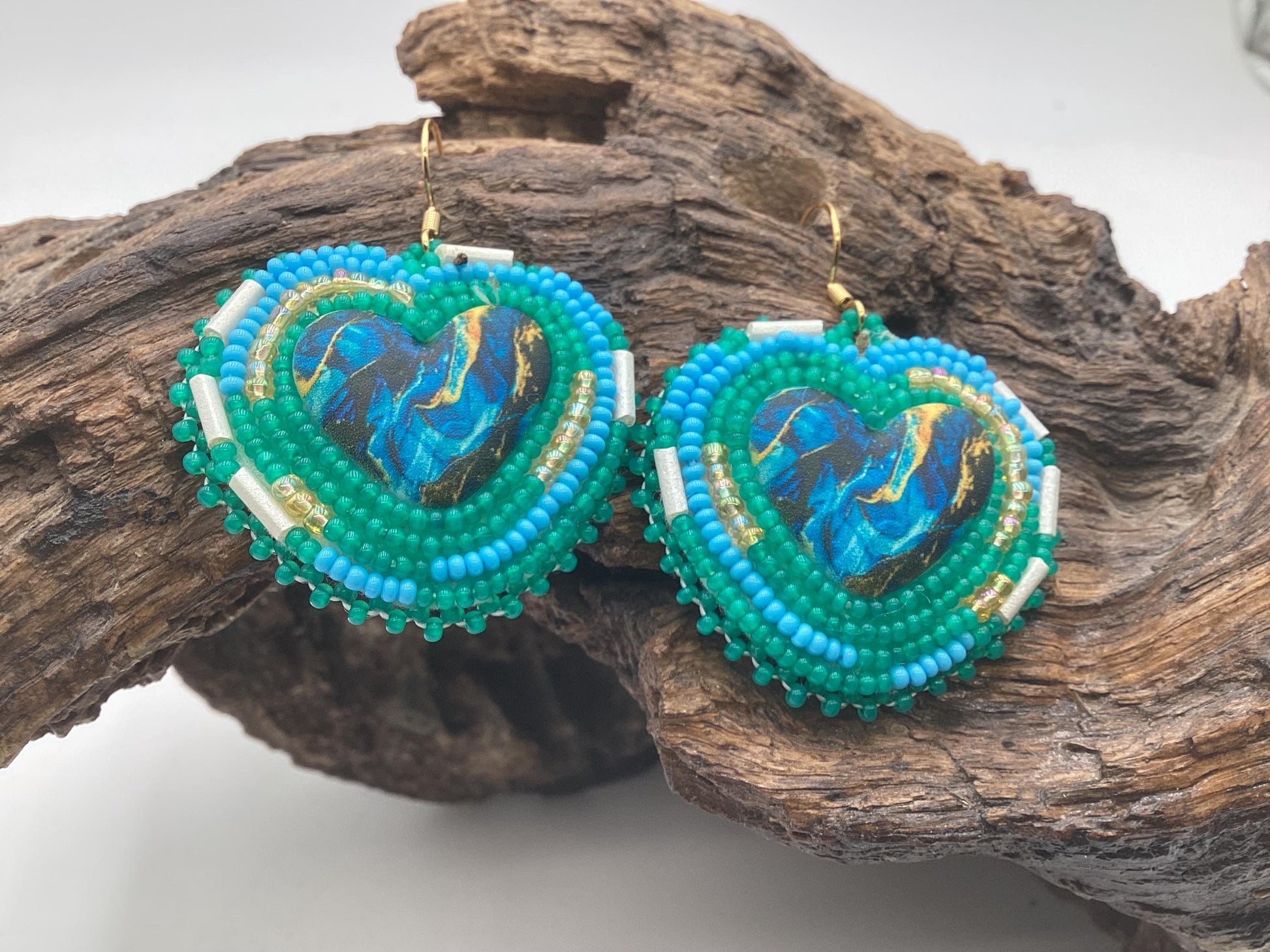 Hand Beaded Heart Earrings - Ojibwe Anishinaabe Design