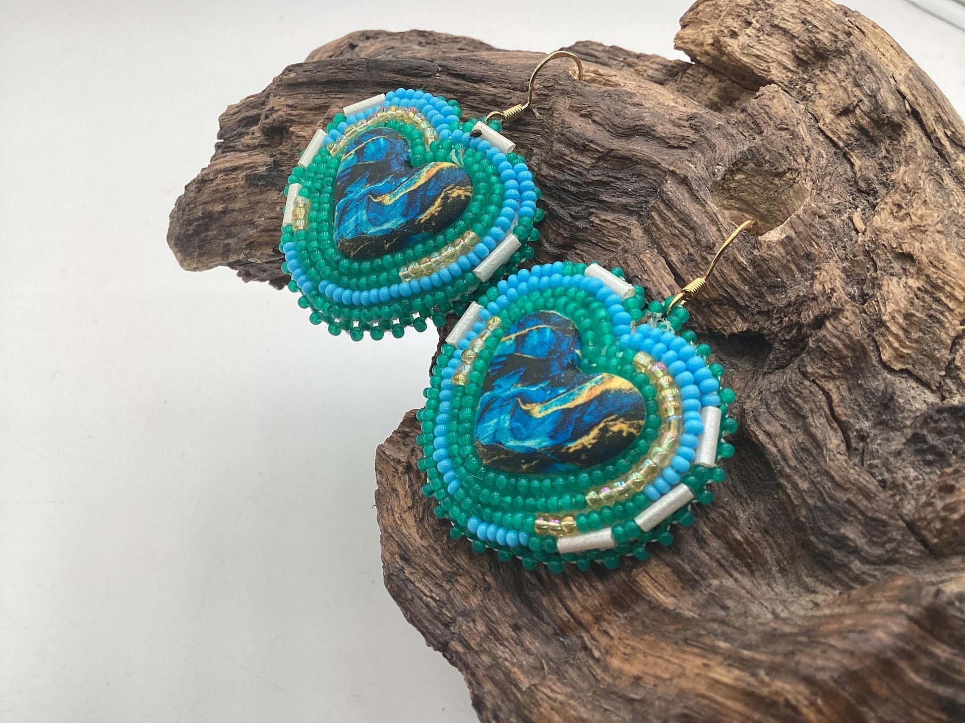 Hand Beaded Heart Earrings - Ojibwe Anishinaabe Design