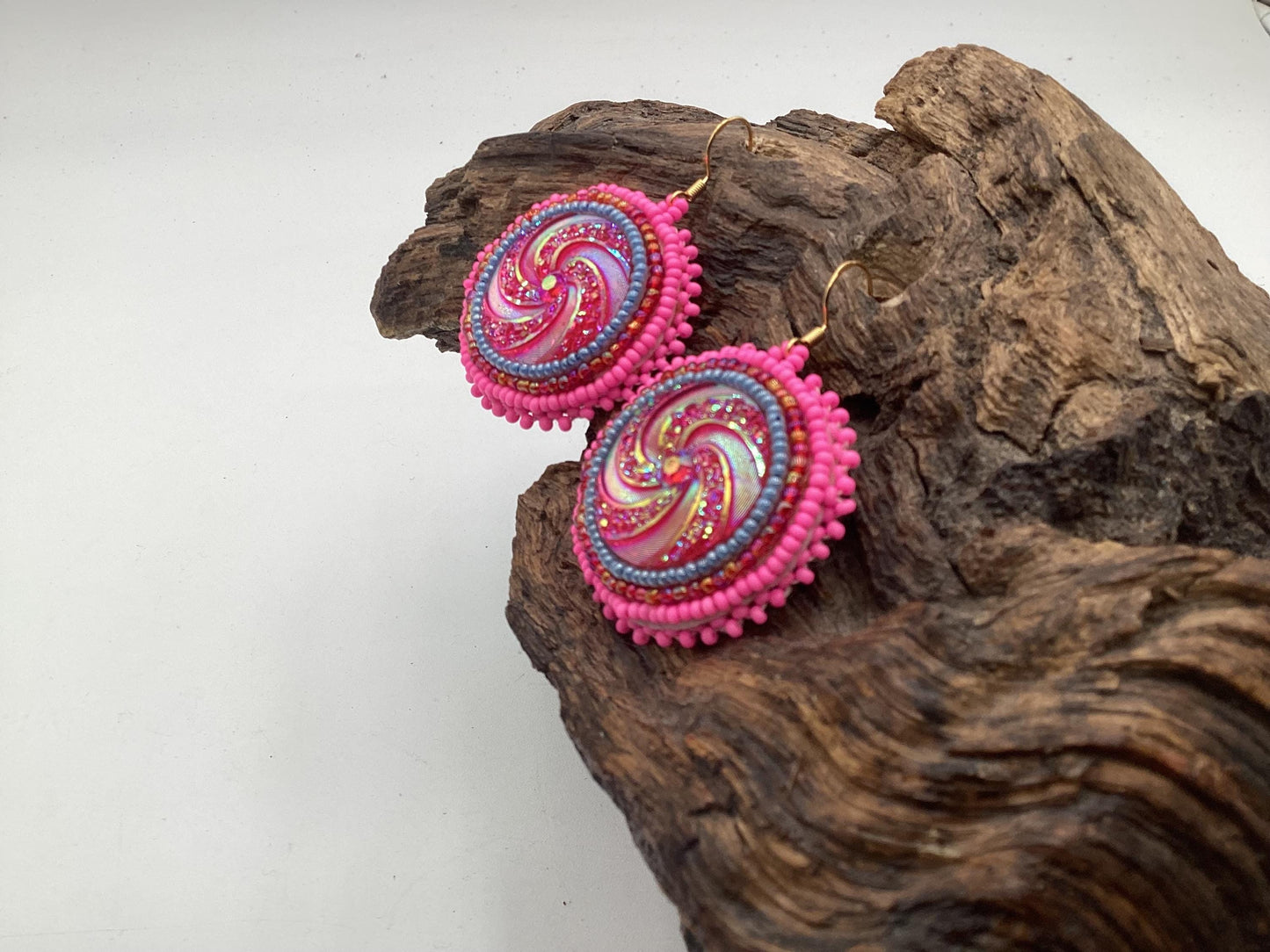 Hand Beaded Earrings: Anishinaabe/Ojibwe Beadwork, Resin Spiral