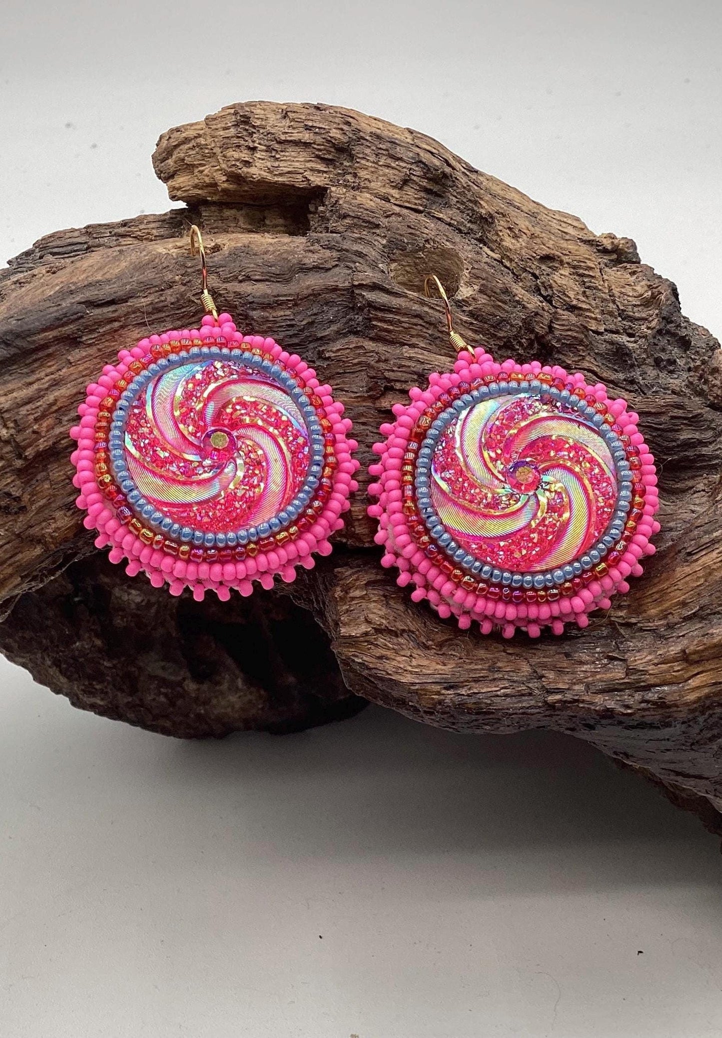 Hand Beaded Earrings: Anishinaabe/Ojibwe Beadwork, Resin Spiral