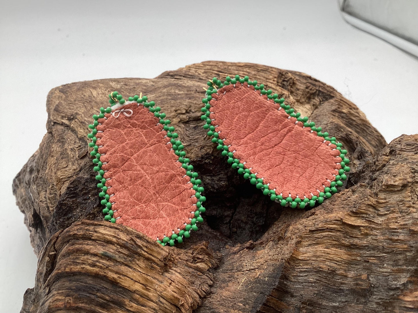 Green Hand Beaded Rectangular Earrings - Authentic Anishinaabe/Ojibwe Beadwork