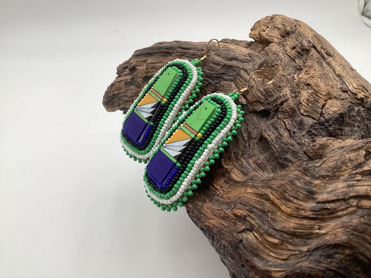 Green Hand Beaded Rectangular Earrings - Authentic Anishinaabe/Ojibwe Beadwork