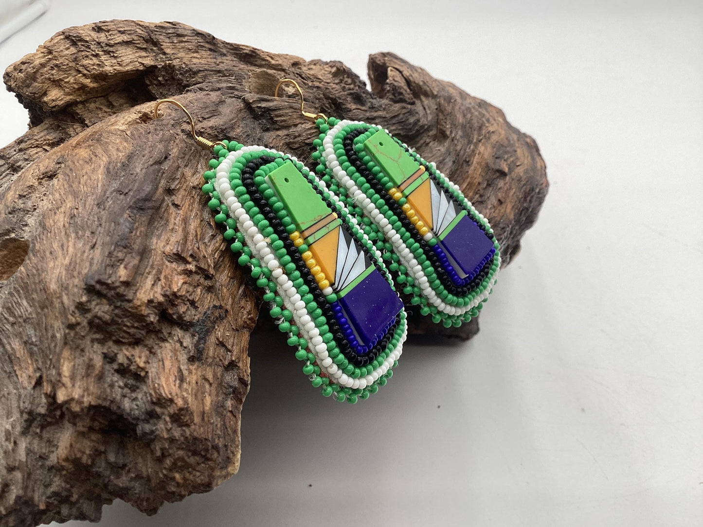 Green Hand Beaded Rectangular Earrings - Authentic Anishinaabe/Ojibwe Beadwork
