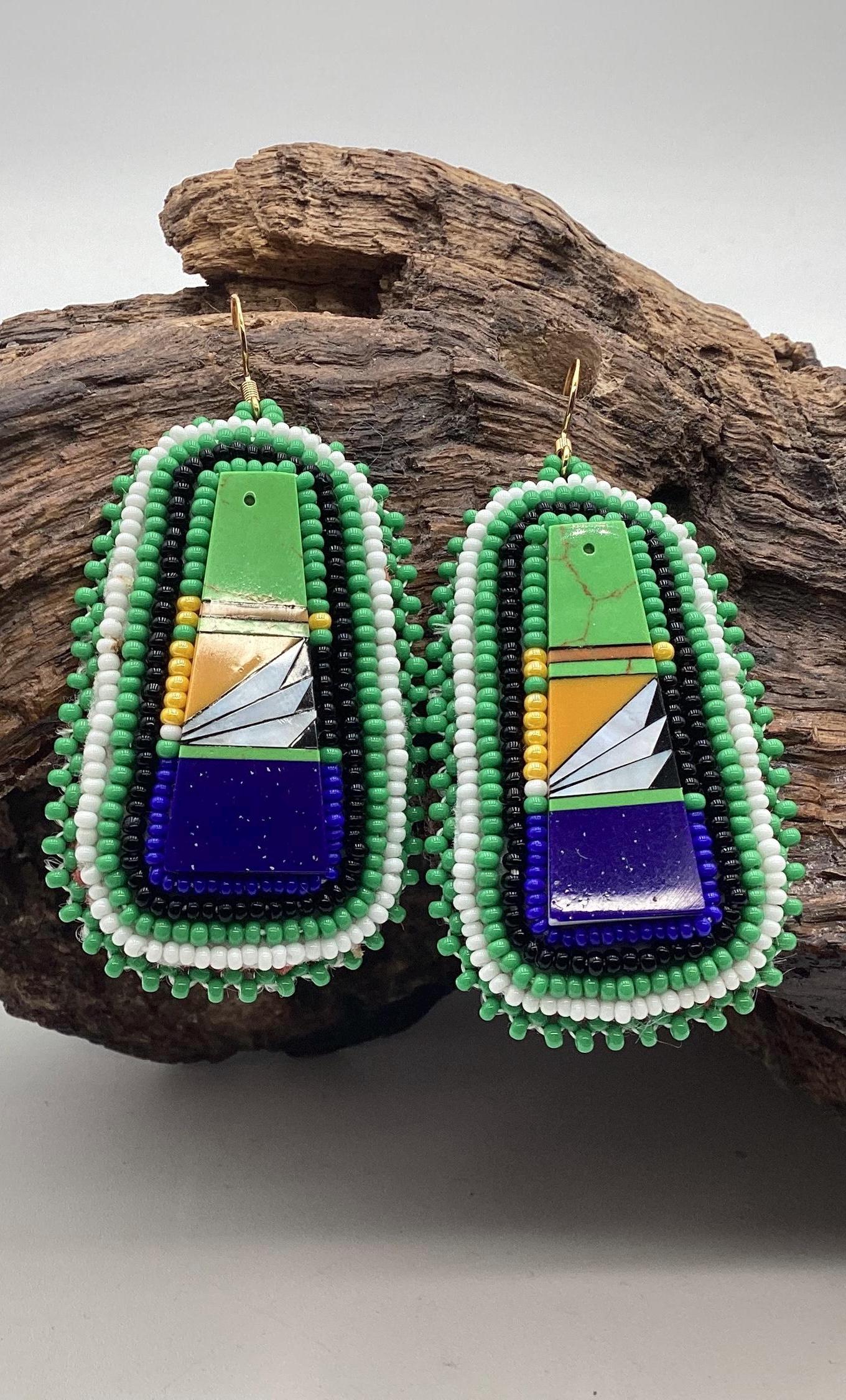 Green Hand Beaded Rectangular Earrings - Authentic Anishinaabe/Ojibwe Beadwork