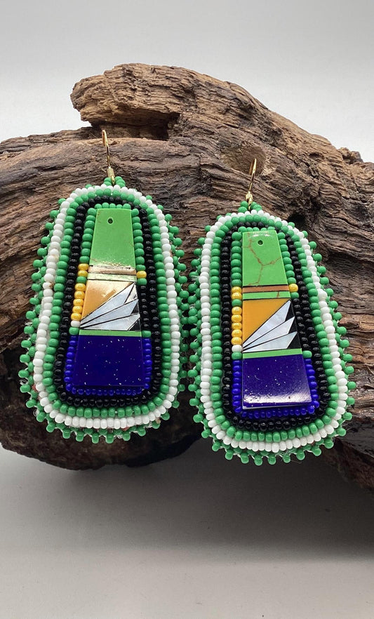 Green Hand Beaded Rectangular Earrings - Authentic Anishinaabe/Ojibwe Beadwork