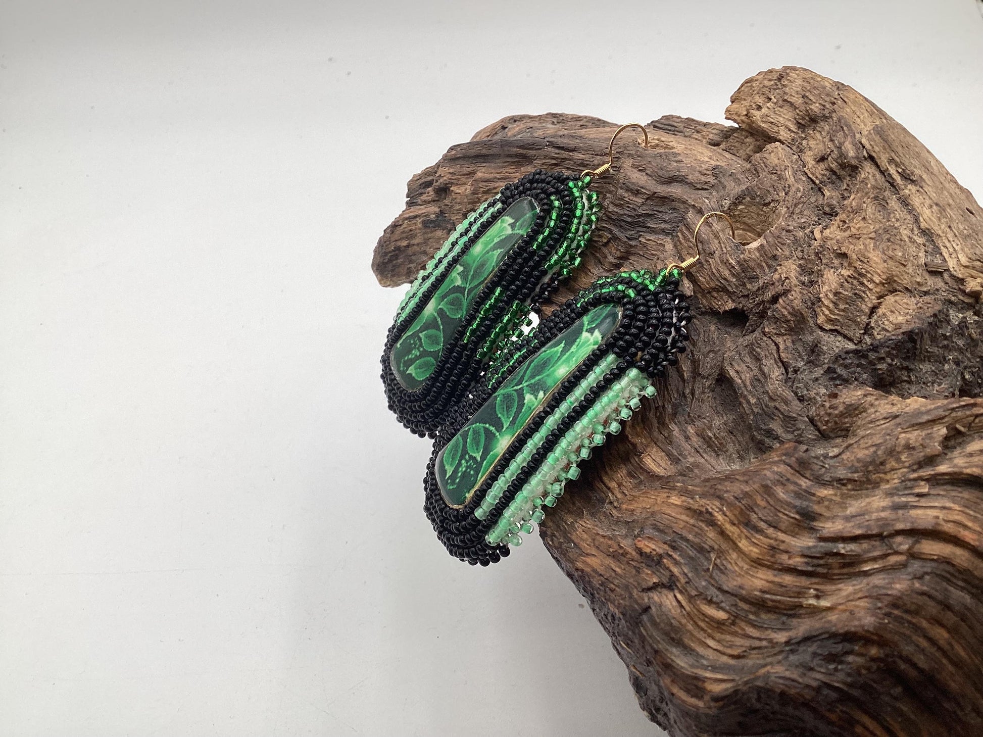 Green Hand Beaded Earrings - Authentic Anishinaabe/Ojibwe Beadwork