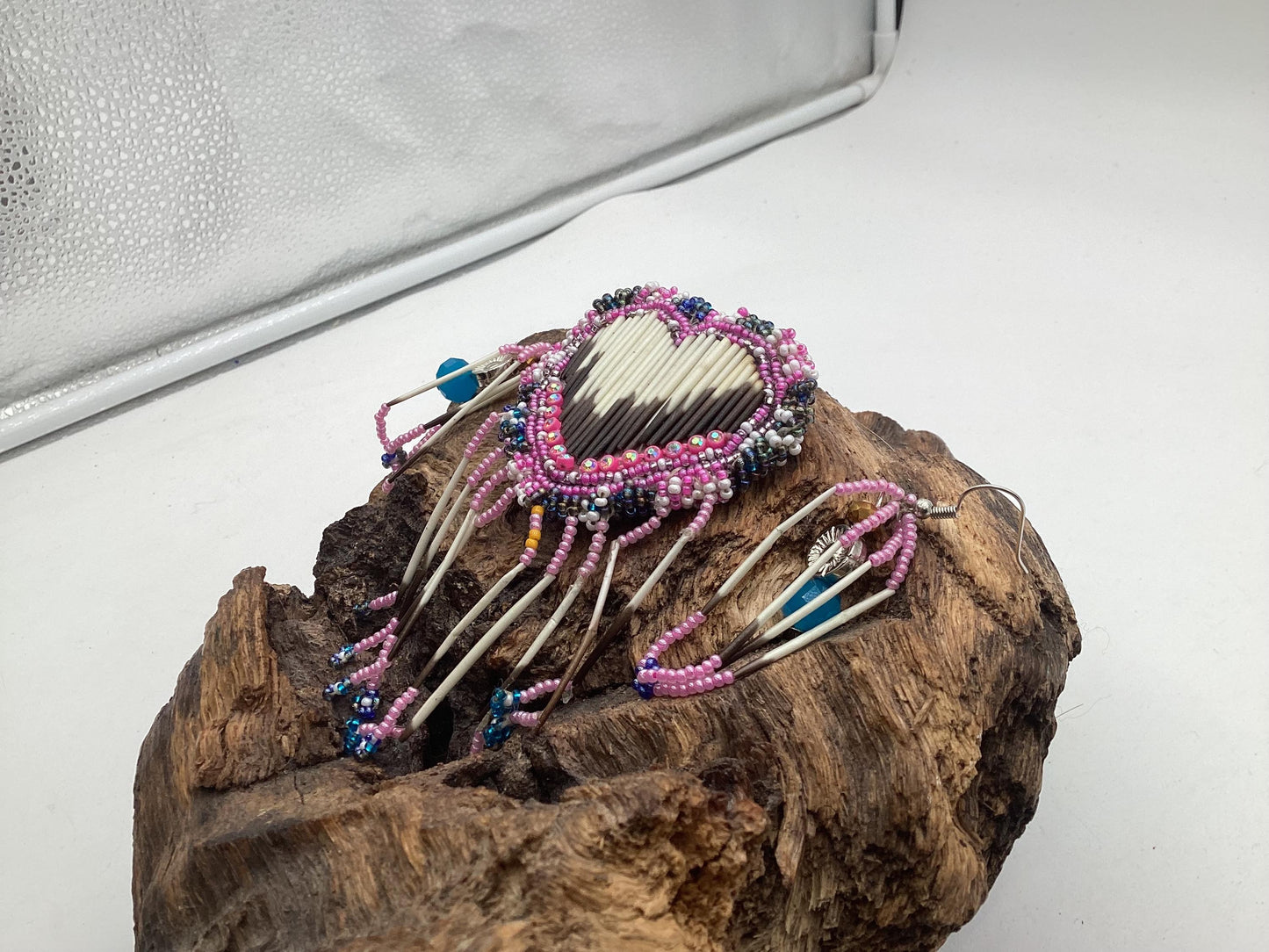 Hand Beaded and Quilled Heart Barrette & Earring Set — Anishinaabe/Ojibwe Beadwork