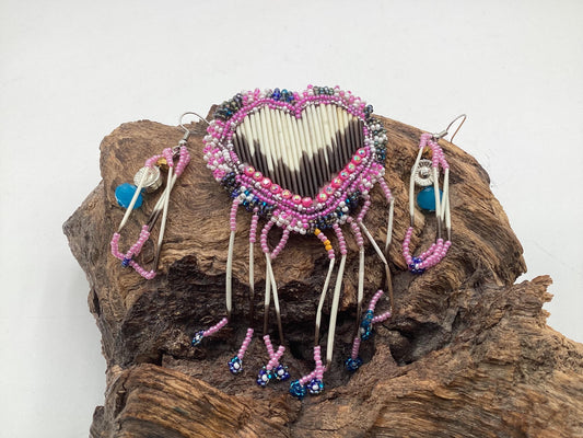 Hand Beaded and Quilled Heart Barrette & Earring Set — Anishinaabe/Ojibwe Beadwork