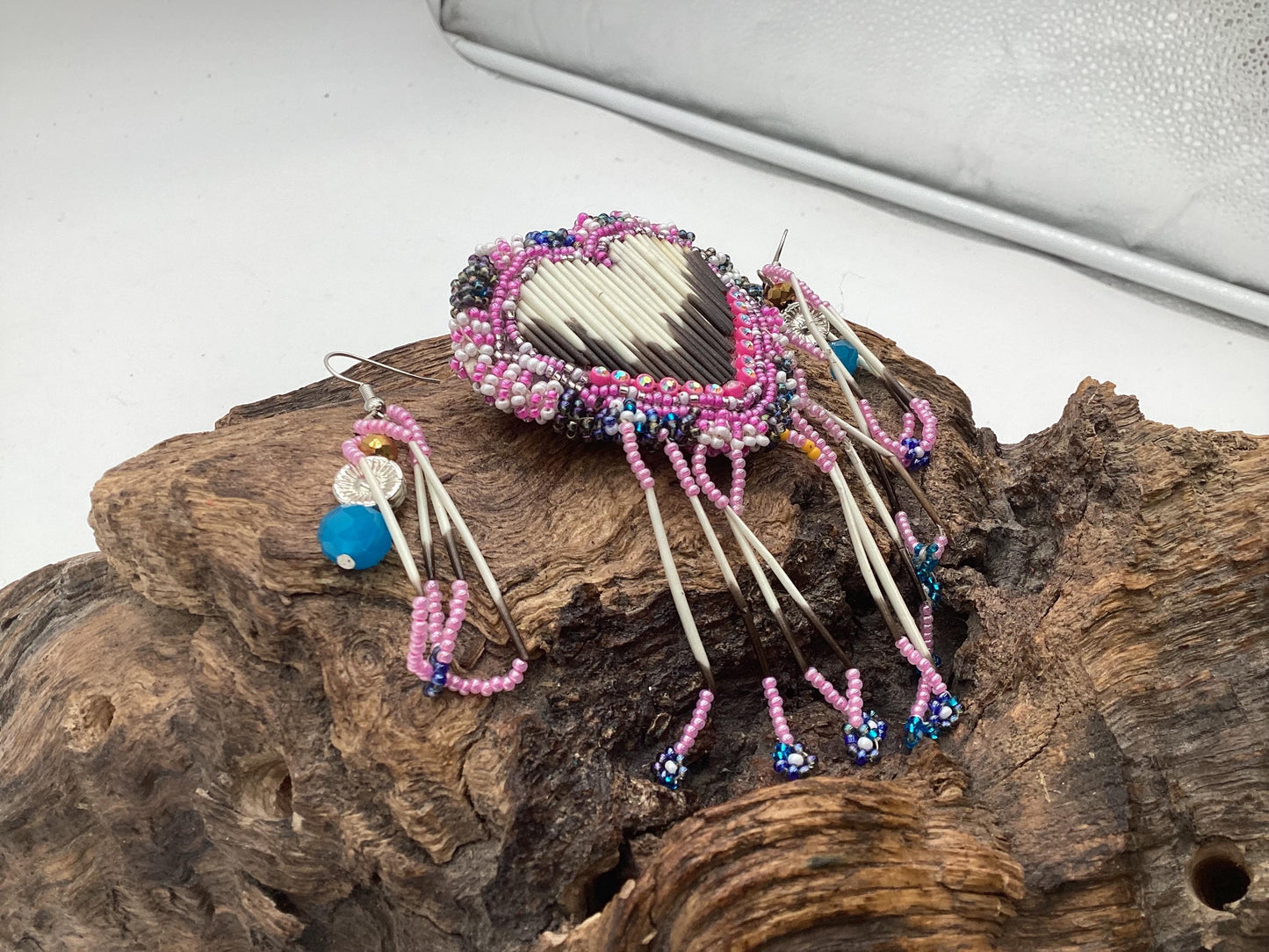 Hand Beaded and Quilled Heart Barrette & Earring Set — Anishinaabe/Ojibwe Beadwork