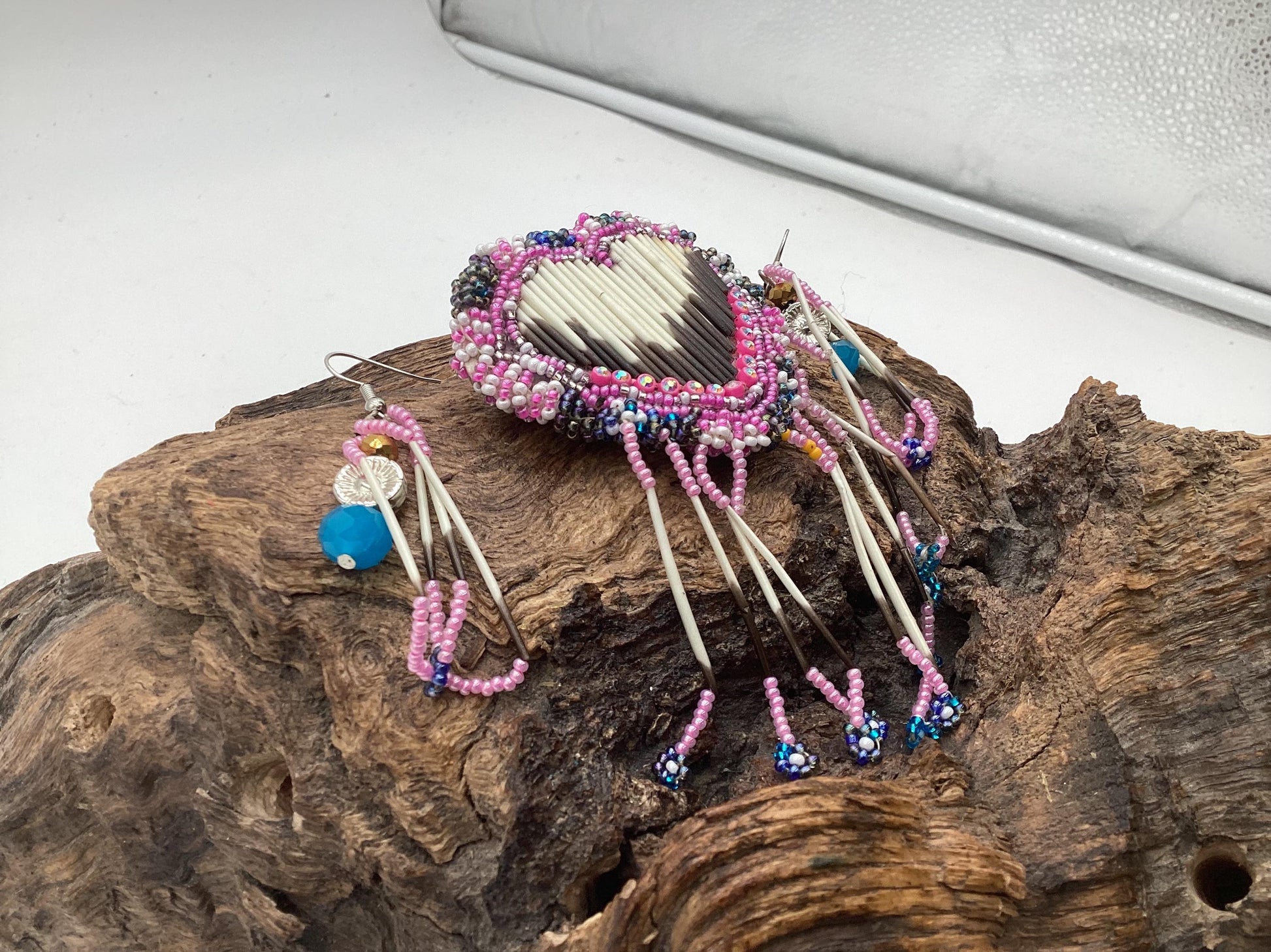 Hand Beaded and Quilled Heart Barrette & Earring Set — Anishinaabe/Ojibwe Beadwork