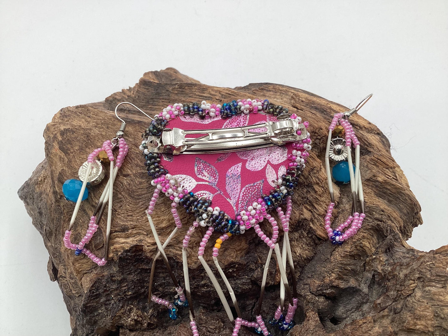 Hand Beaded and Quilled Heart Barrette & Earring Set — Anishinaabe/Ojibwe Beadwork