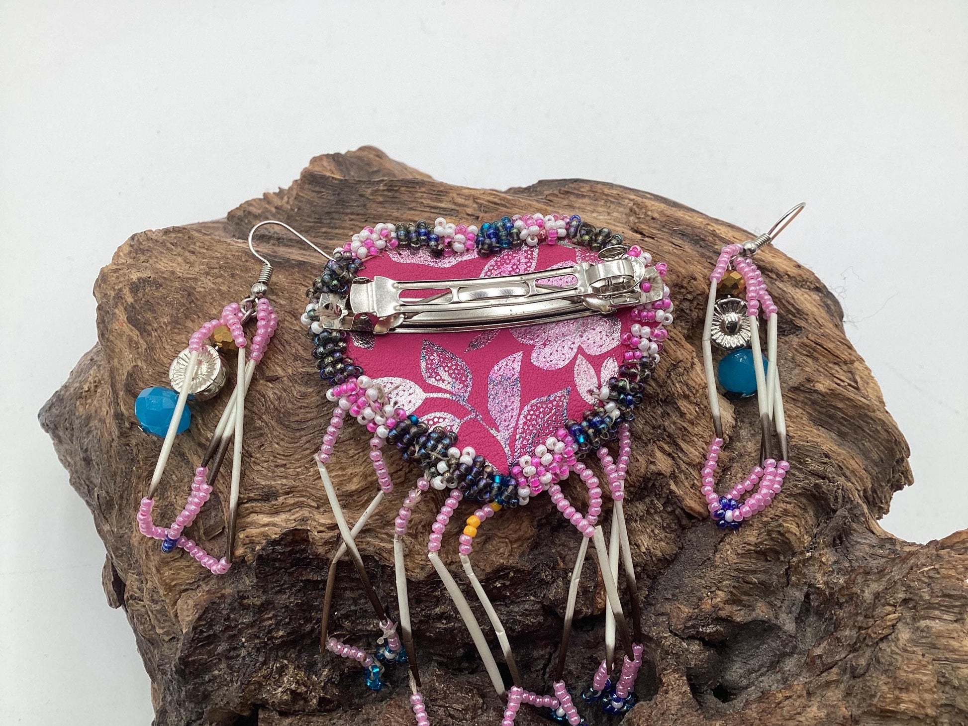 Hand Beaded and Quilled Heart Barrette & Earring Set — Anishinaabe/Ojibwe Beadwork