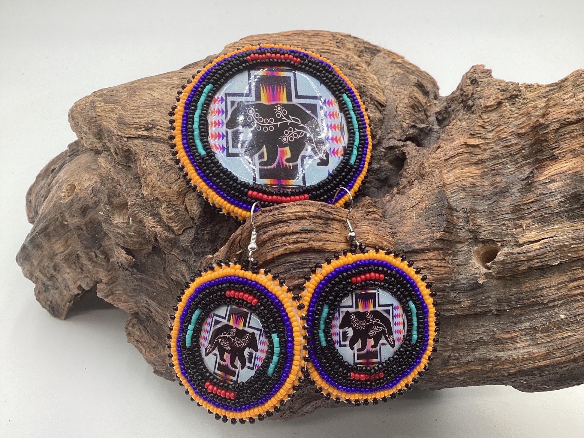 Hand Beaded Indigenous Bear Barrette & Earring Set — Anishinaabe/Ojibwe Beadwork