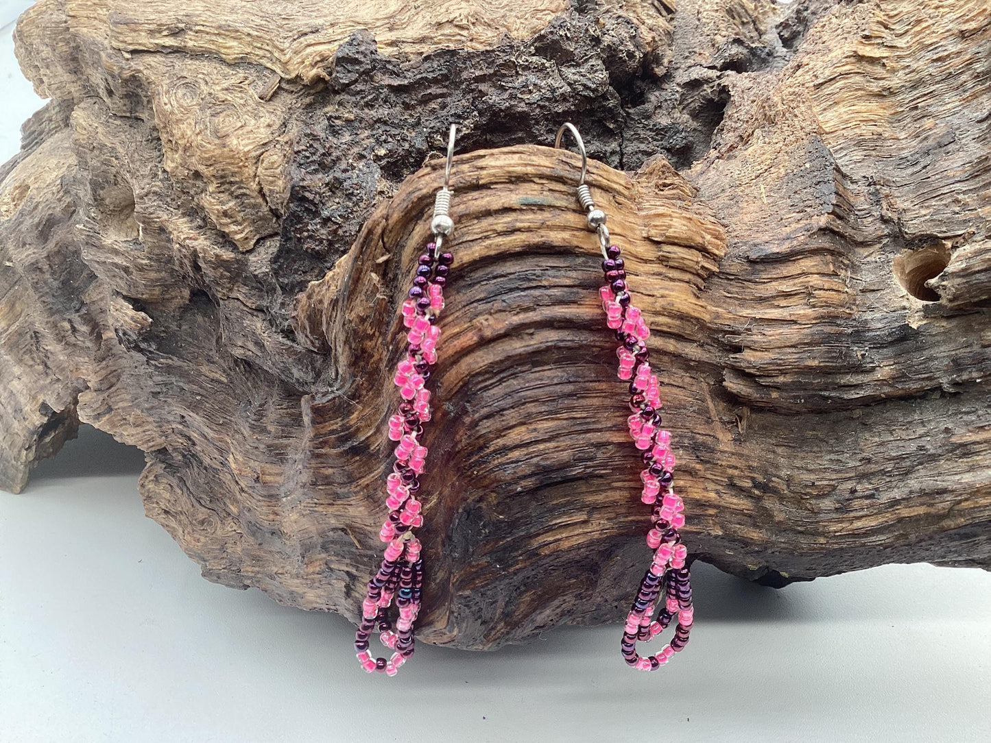 Hand Beaded Pink Dangle Earrings – Anishinaabe/Ojibwe Made