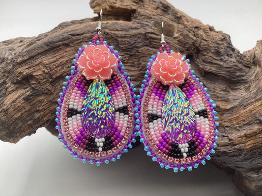 Hand Beaded Double-Centered Flower Teardrop Earrings: Anishinaabe/Ojibwe Beadwork