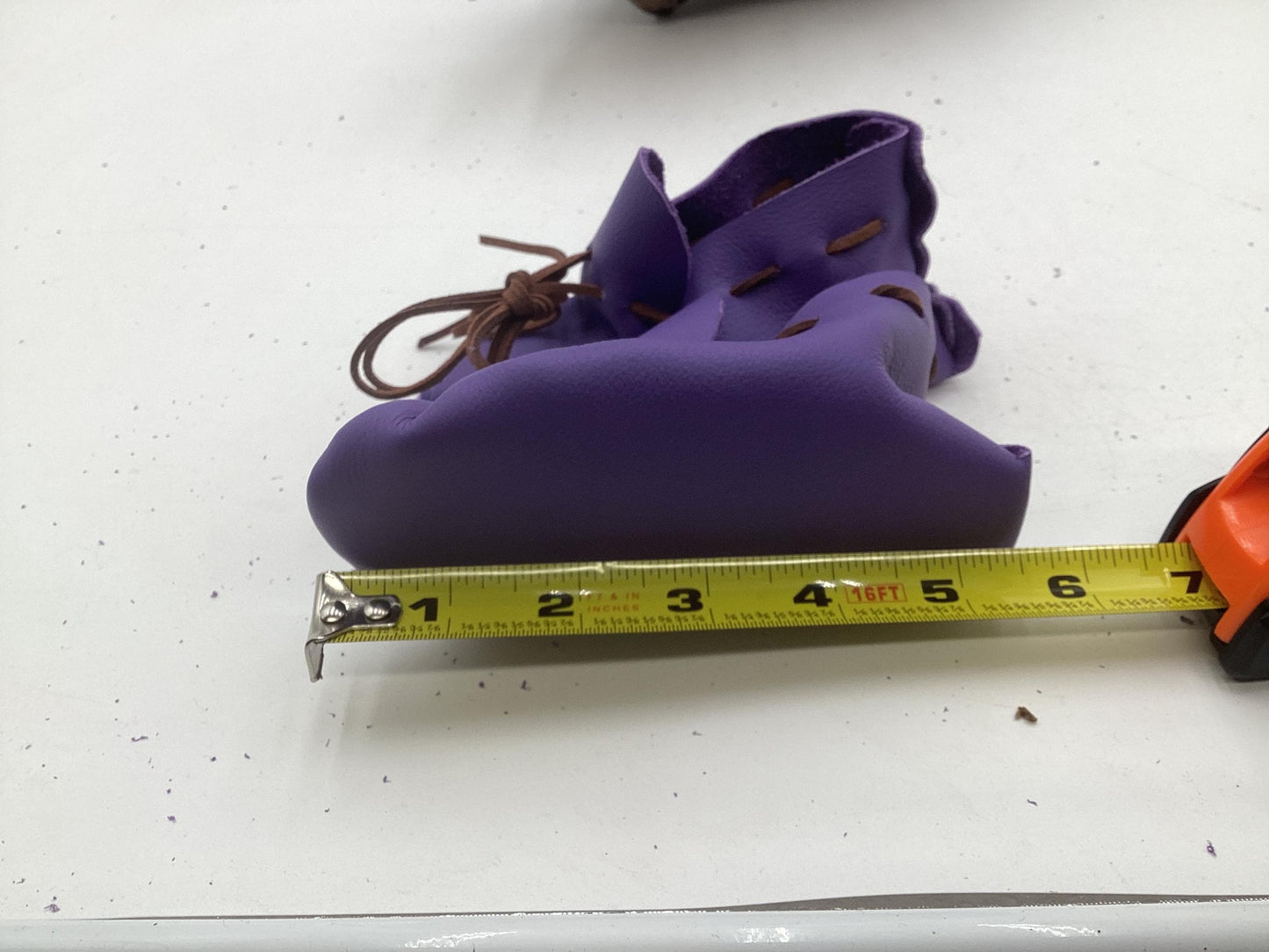 Handmade Purple Leather Toddler Moccasins – Ojibwe Anishinaabe Pucker Toe Style. Size Small