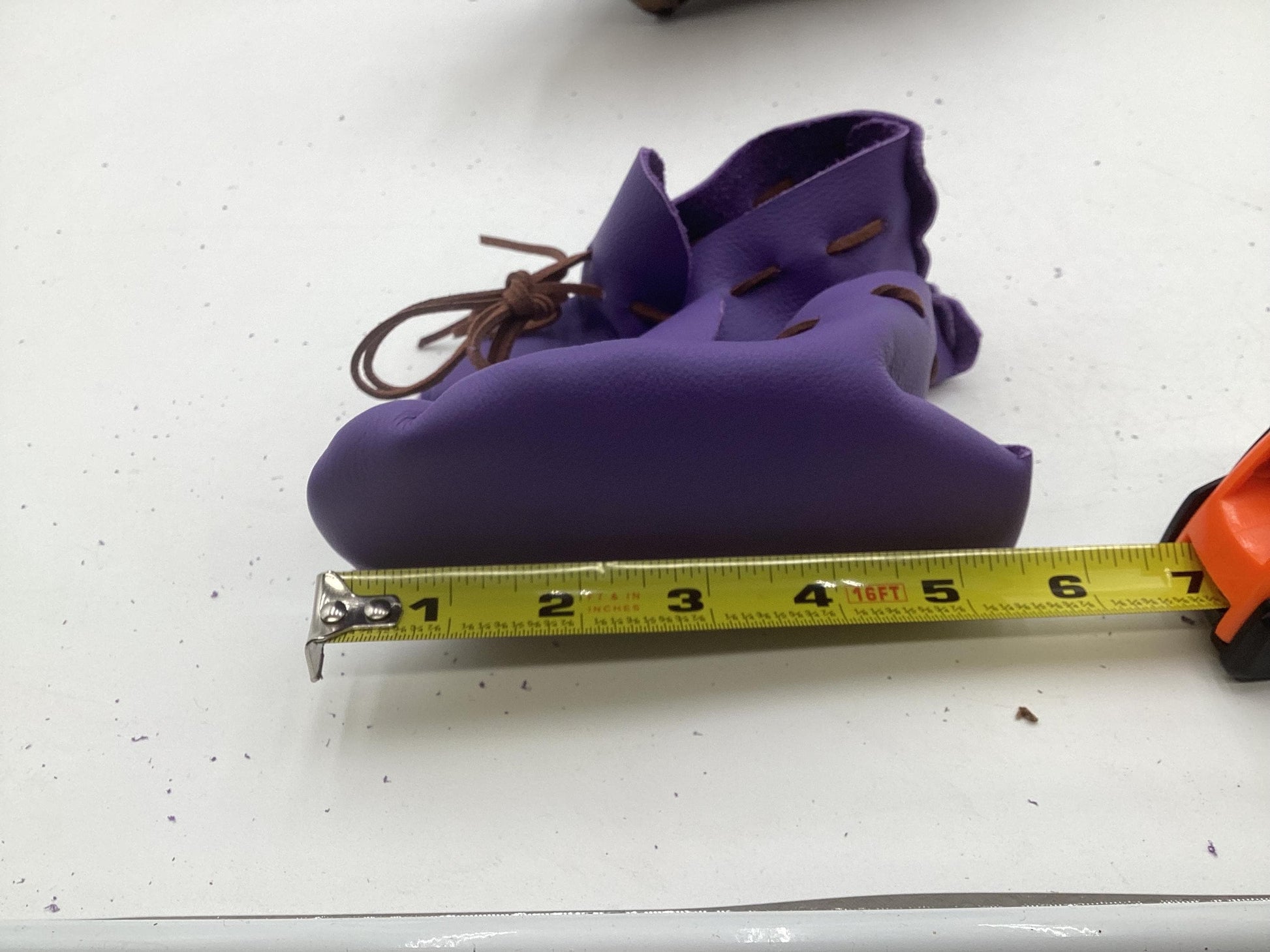 Handmade Purple Leather Toddler Moccasins – Ojibwe Anishinaabe Pucker Toe Style. Size Small