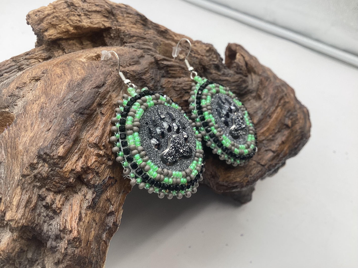Shimmering Bear Claw Hand Beaded Earrings