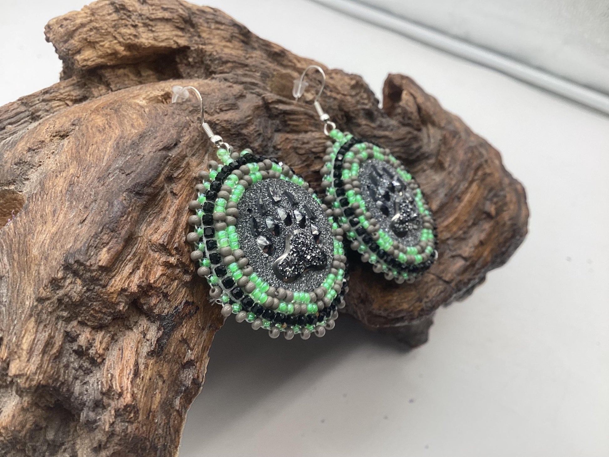 Shimmering Bear Claw Hand Beaded Earrings