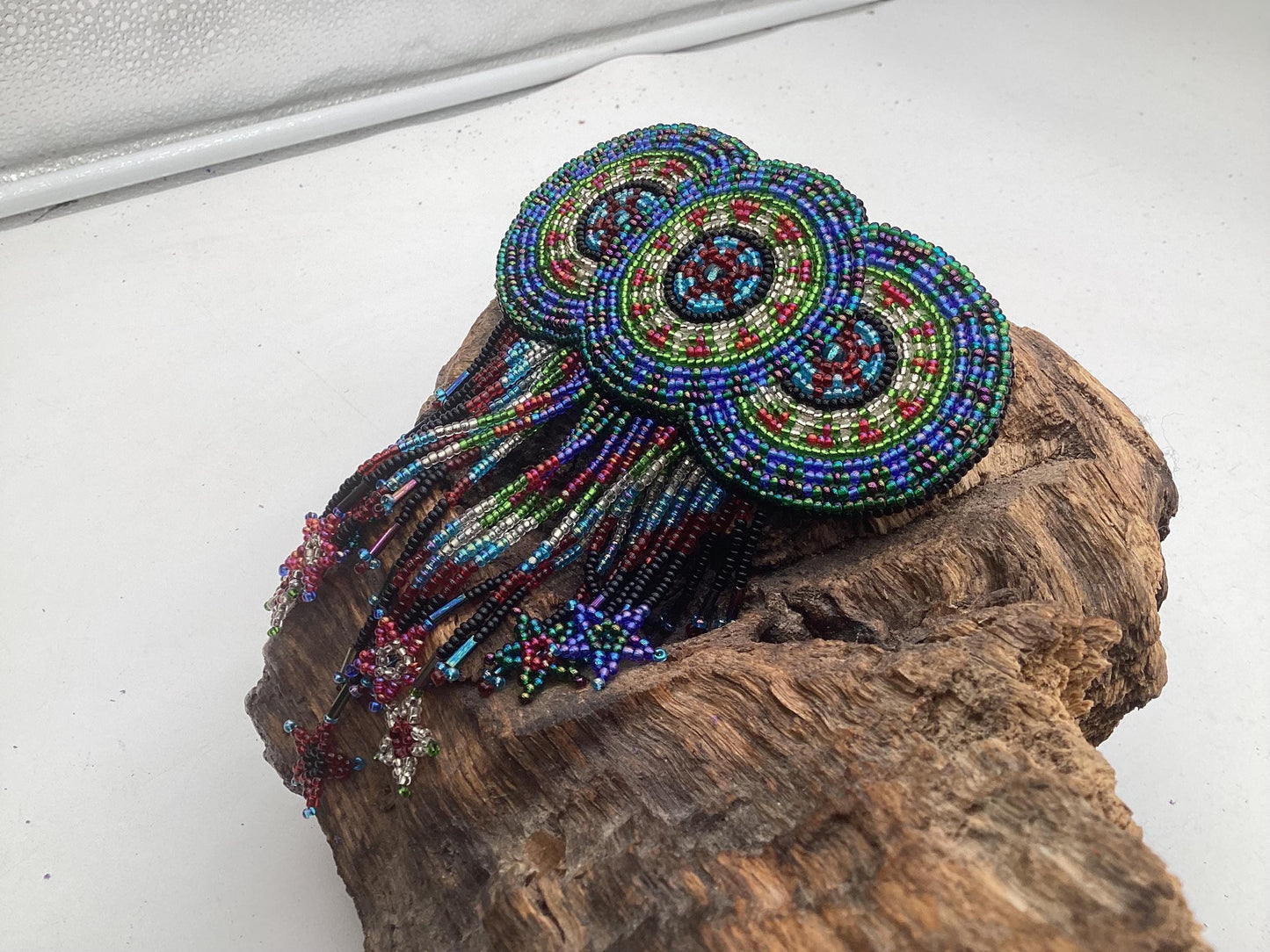 Hand Beaded Barrette with Fringe: Ojibwe Anishinaabe Made