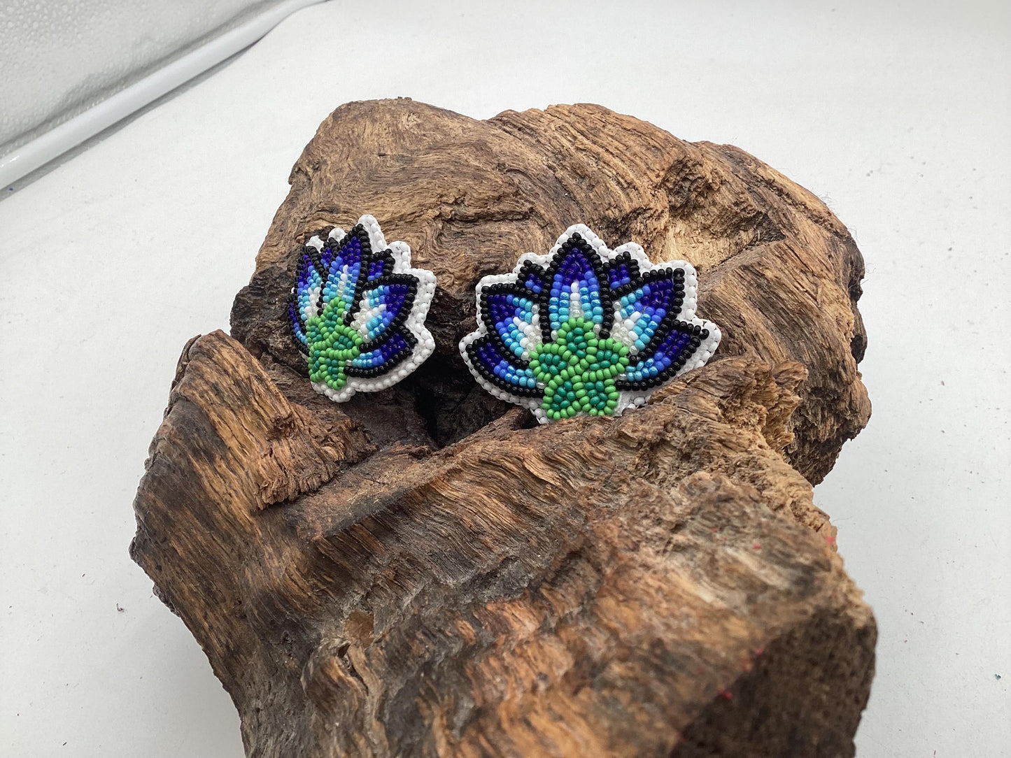Hand Beaded Moonlite Lotus Flower Earrings: Anishinaabe/Ojibwe Design