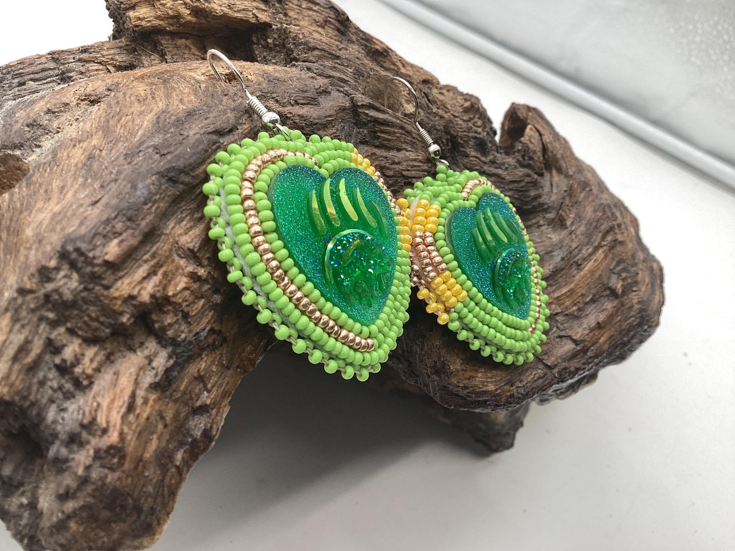 Iridescent Bear Claw Heart Shaped Beaded Earrings