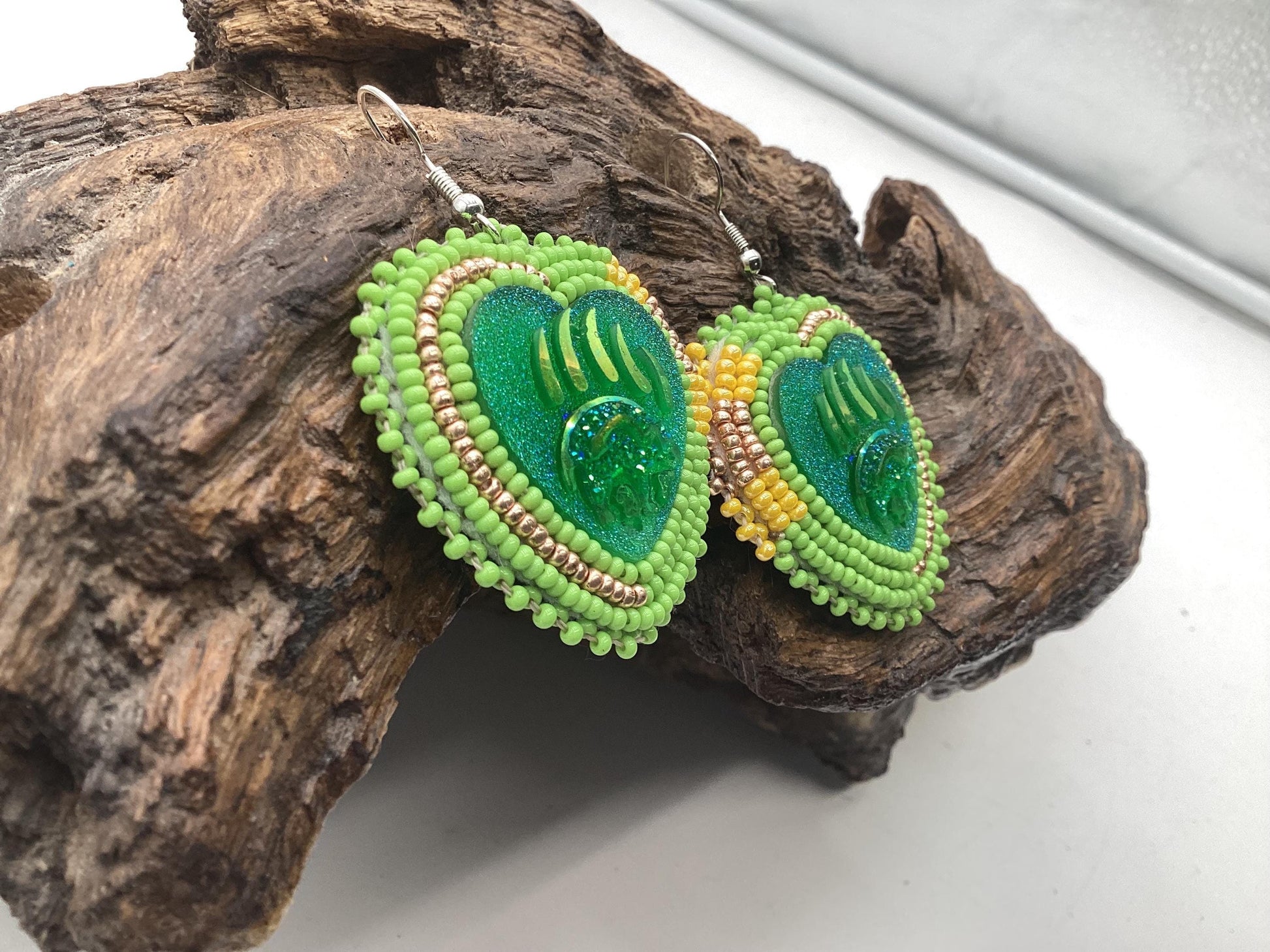 Iridescent Bear Claw Heart Shaped Beaded Earrings