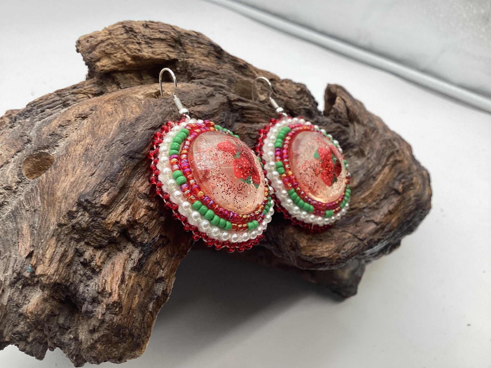 Hand Beaded Strawberry Earrings: Anishinaabe/Ojibwe Beadwork