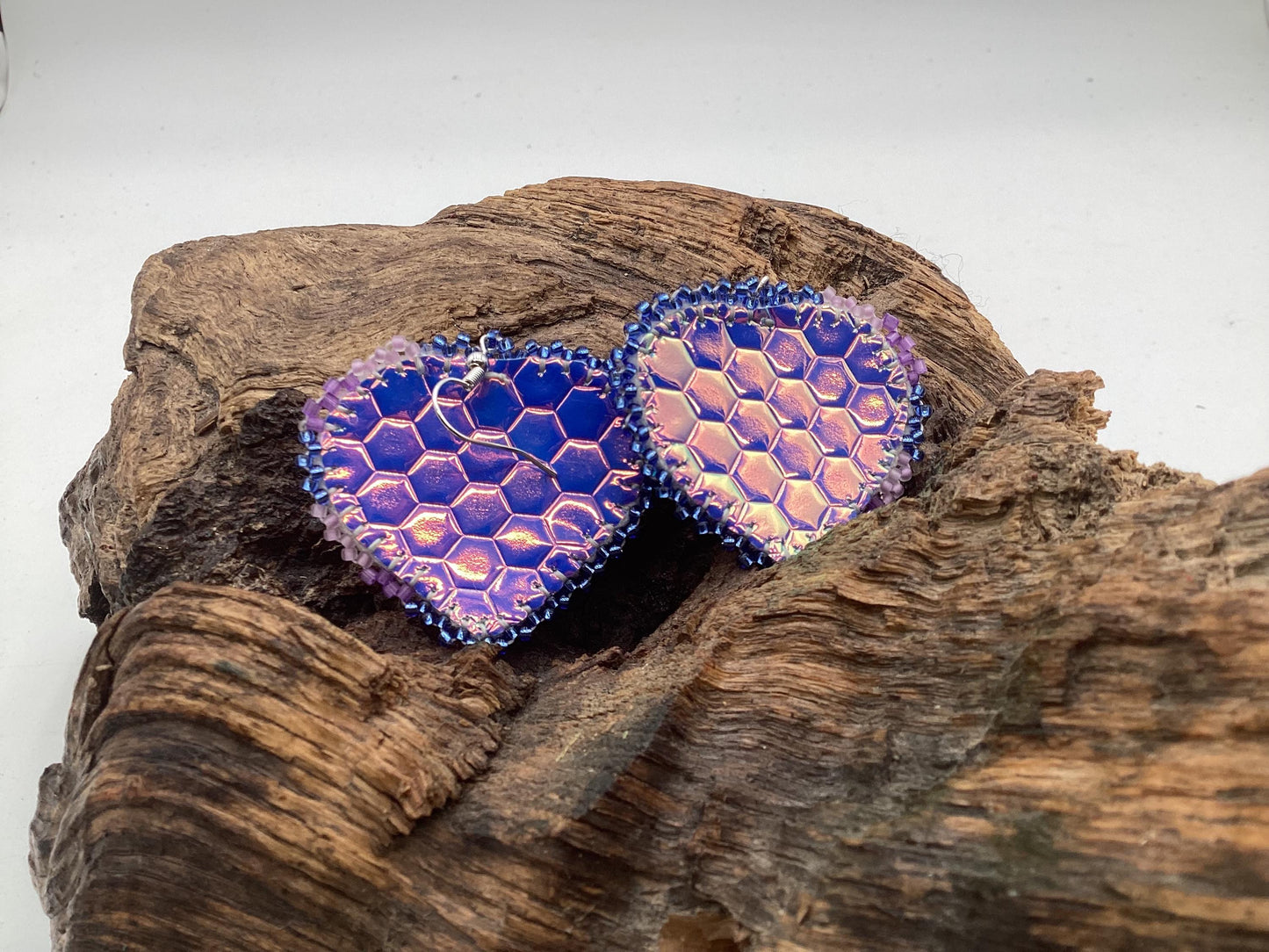 Shimmering Iridescent Purple Heart Shaped Hand Beaded Earrings - Anishinaabe/Ojibwe Beadwork