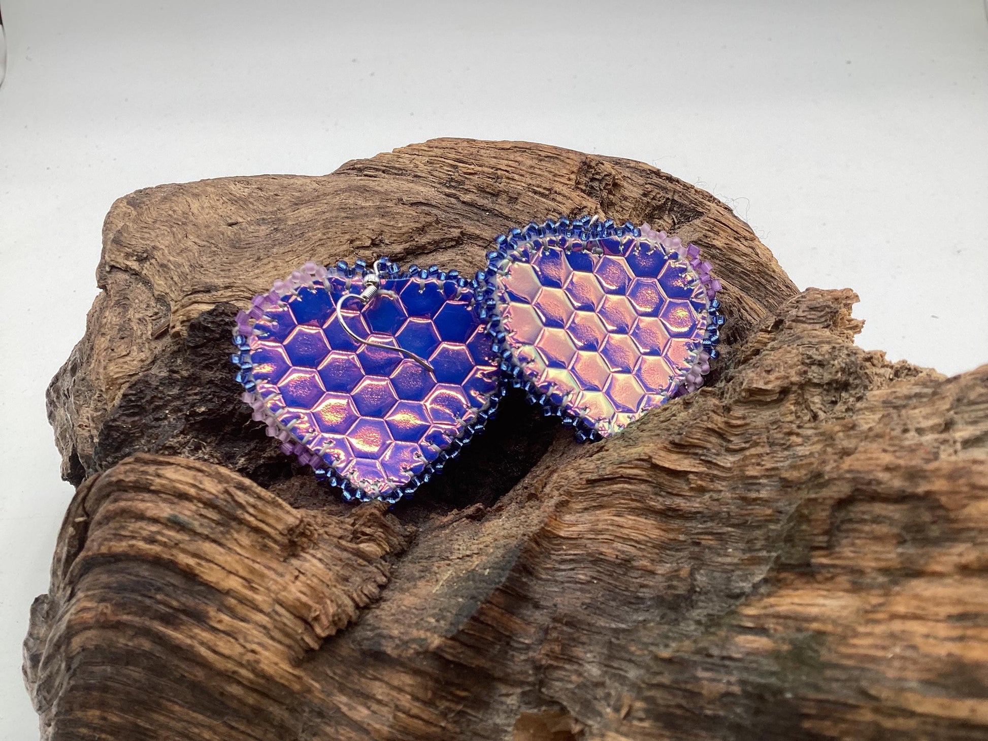 Shimmering Iridescent Purple Heart Shaped Hand Beaded Earrings - Anishinaabe/Ojibwe Beadwork