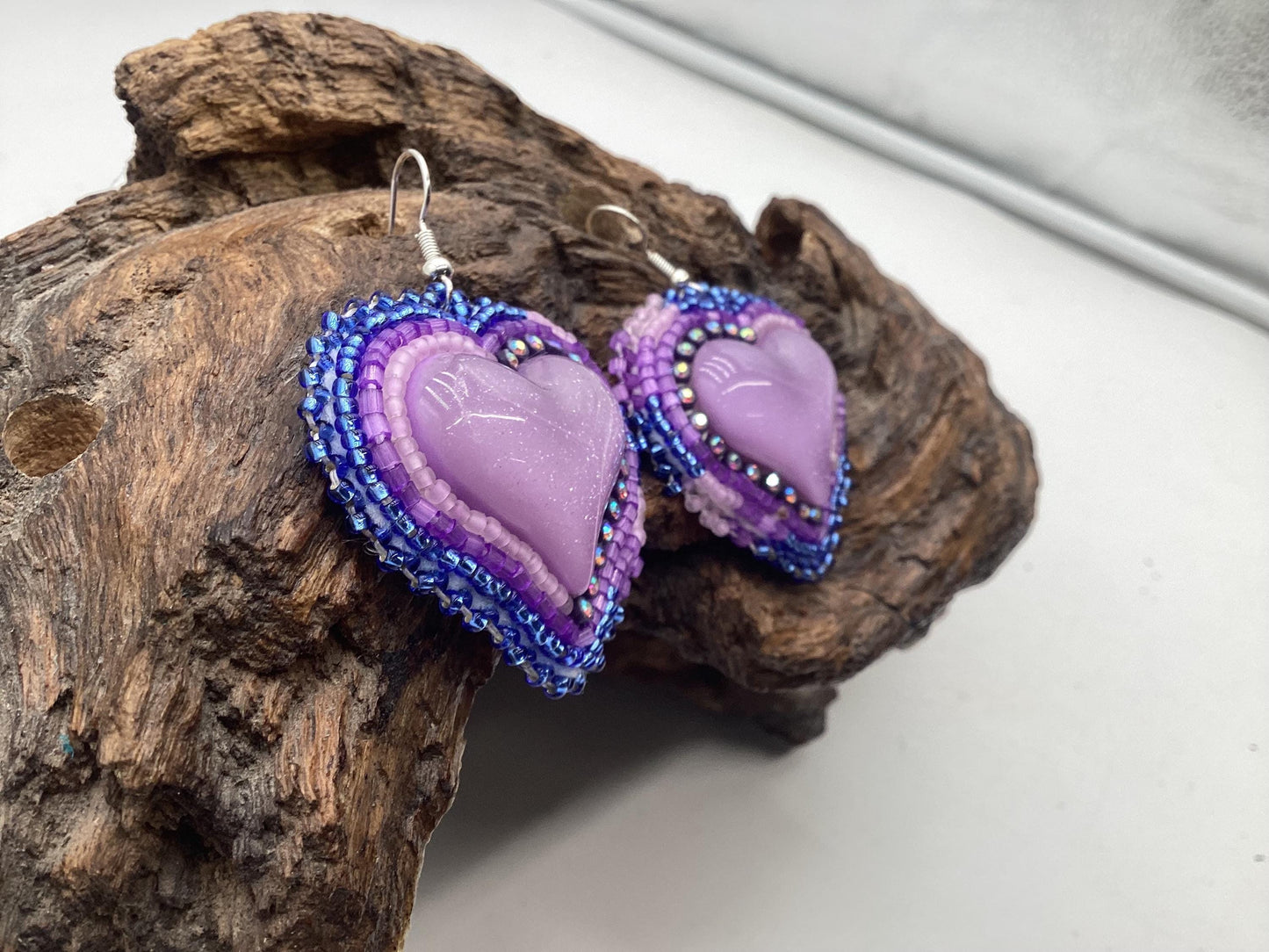 Shimmering Iridescent Purple Heart Shaped Hand Beaded Earrings - Anishinaabe/Ojibwe Beadwork