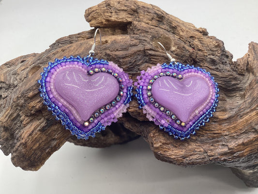 Shimmering Iridescent Purple Heart Shaped Hand Beaded Earrings - Anishinaabe/Ojibwe Beadwork