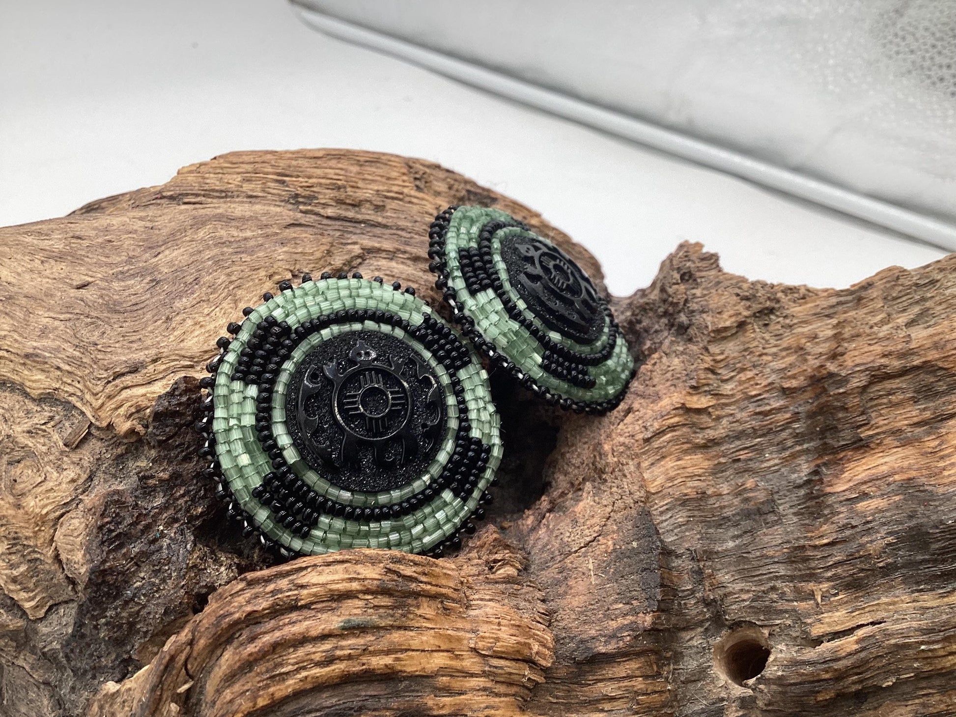 Hand Beaded Indigenous Turtle Center Earrings - Anishinaabe/Ojibwe Beadwork