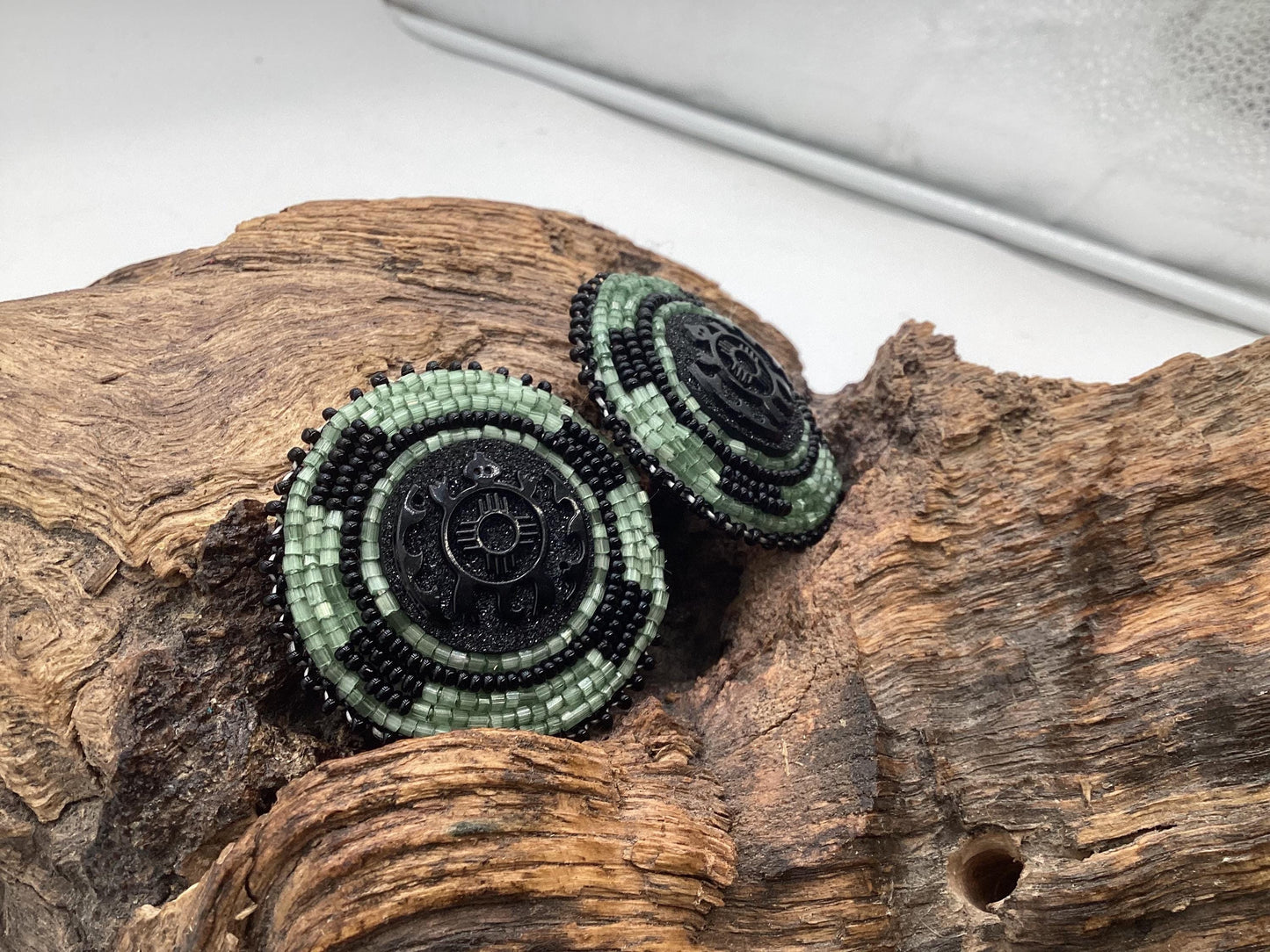 Hand Beaded Indigenous Turtle Center Earrings - Anishinaabe/Ojibwe Beadwork