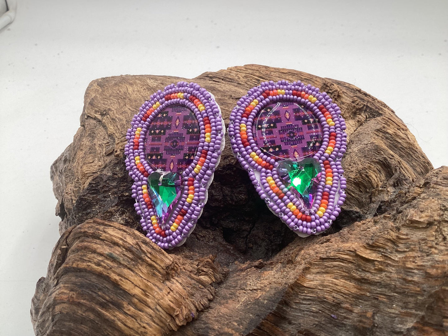 Hand Beaded Double-Centered Purple Earrings: Anishinaabe/Ojibwe Beadwork