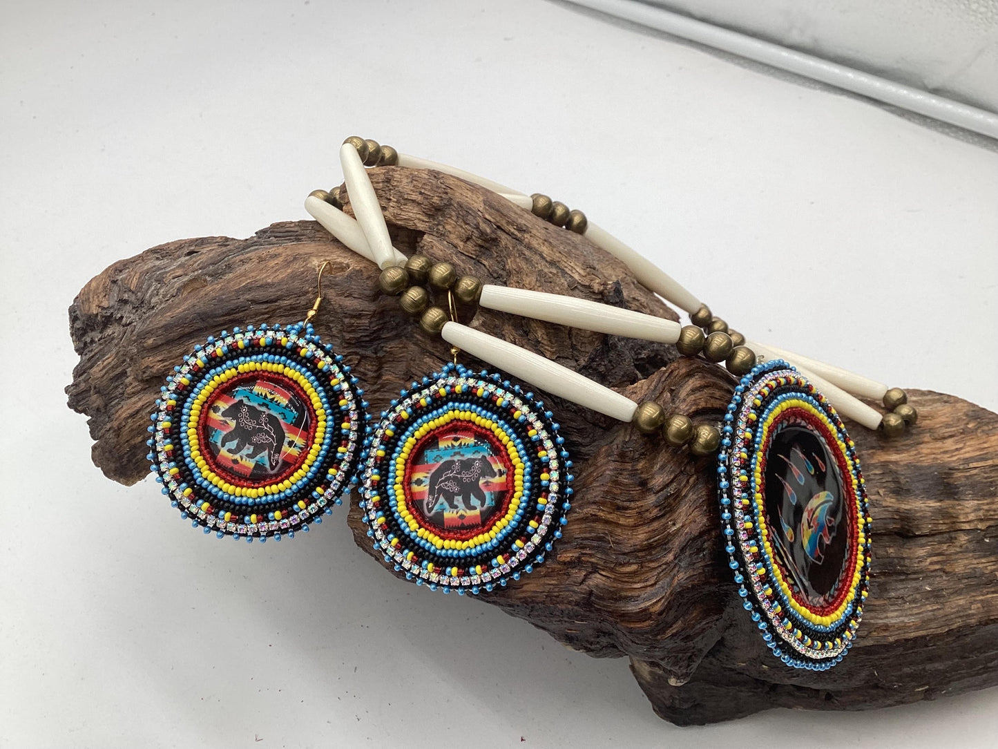 Ojibwe Indigenous Bear Pattern Beadwork Necklace and Earrings Set: Anishinaabe Artisan Jewelry