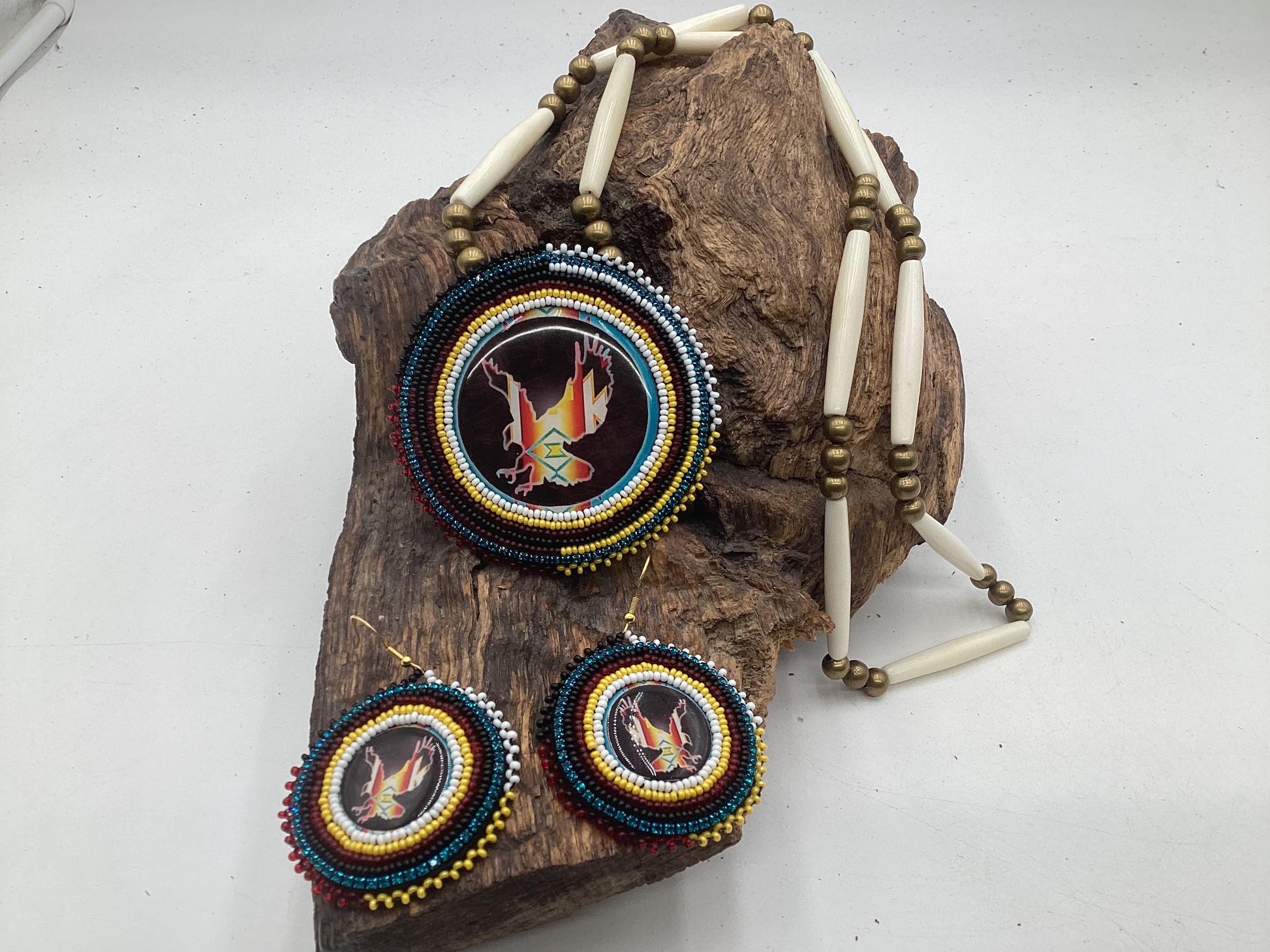 Ojibwe Indigenous Eagle Pattern Beadwork Necklace and Earrings Set: Anishinaabe Artisan Jewelry