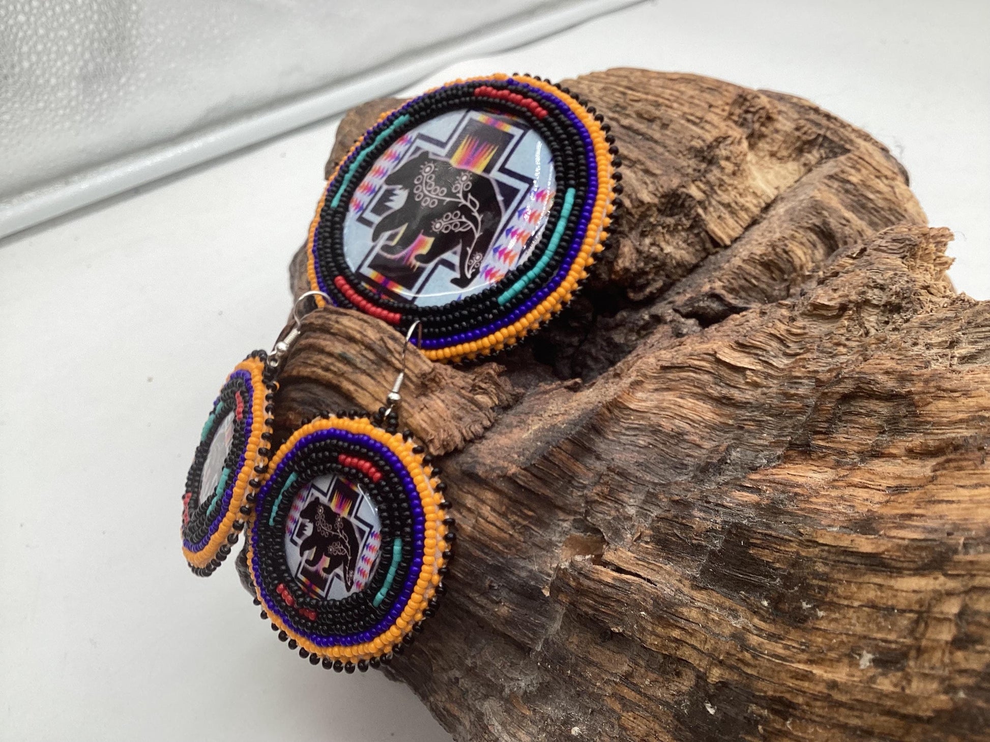 Hand Beaded Indigenous Bear Barrette & Earring Set — Anishinaabe/Ojibwe Beadwork