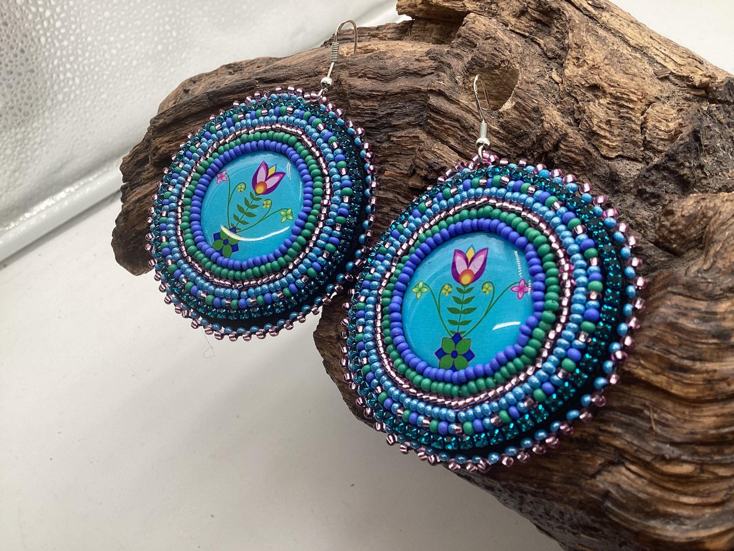 Hand Beaded Indigenous Flower Earrings: Anishinaabe/Ojibwe Beadwork