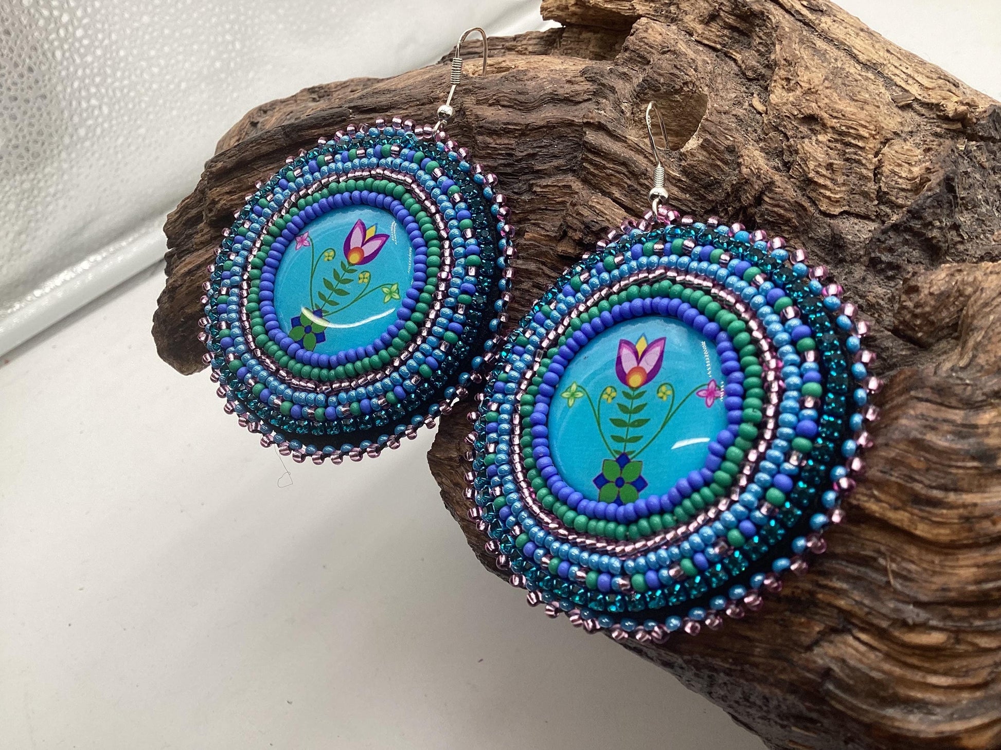 Hand Beaded Indigenous Flower Earrings: Anishinaabe/Ojibwe Beadwork